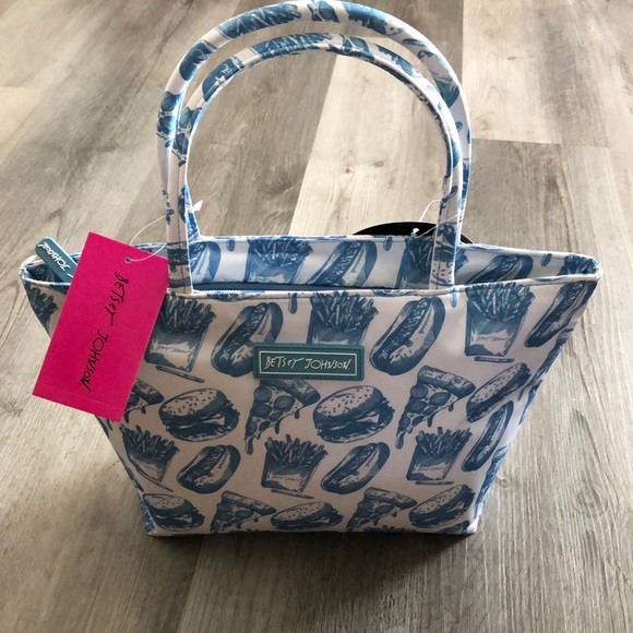 Betsey Johnson Insulated Satchel Lunch Tote White & Blue Fast Food Print NWT - Picture 15 of 16